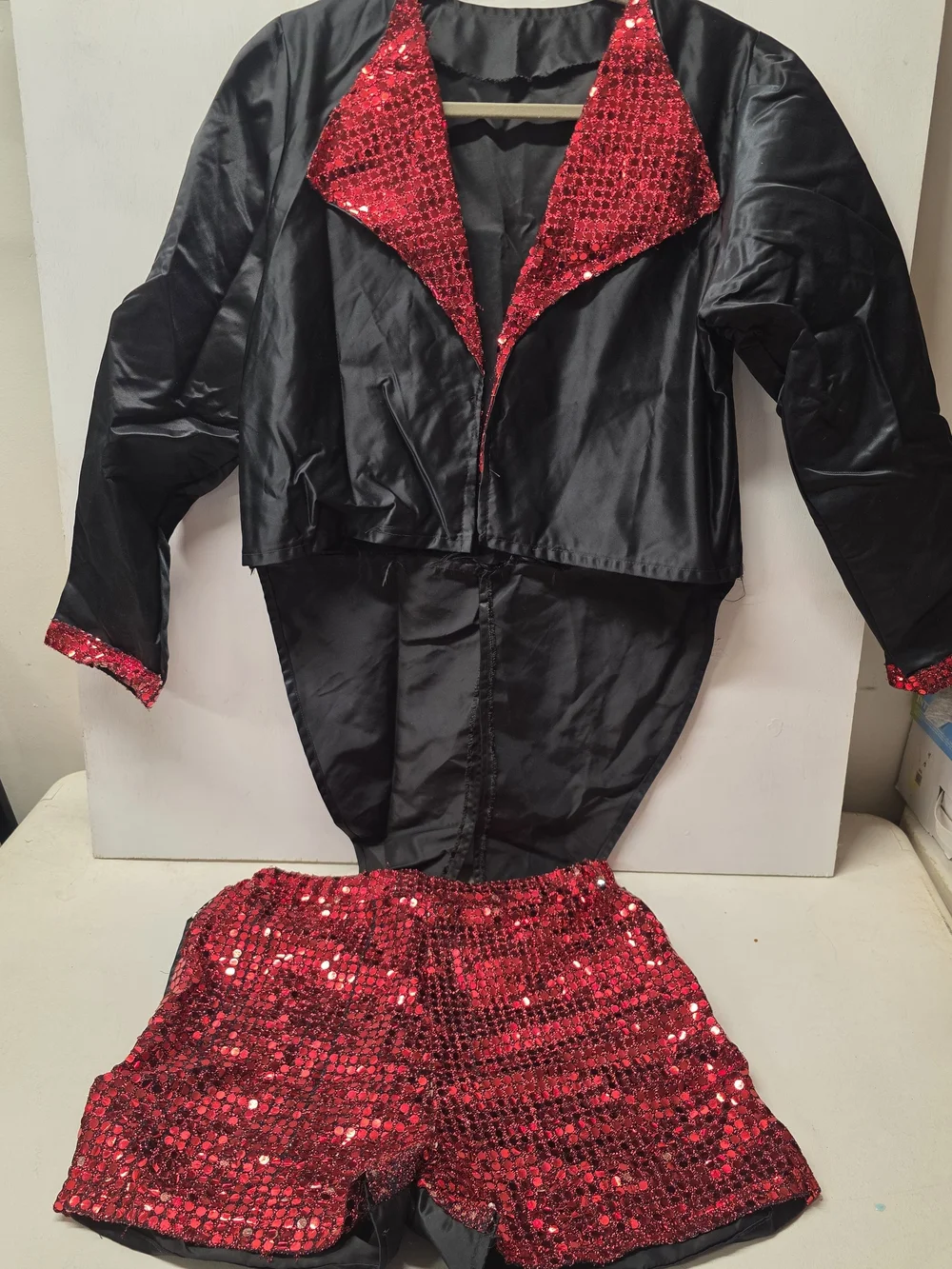 Vintage Style 70s Disco Showman Costume Red Sequin Shorts Black Tailcoat Adult